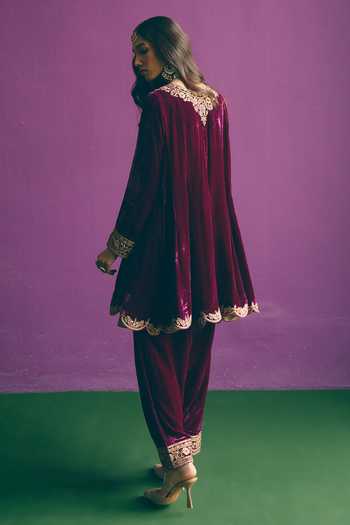 Shop_Mirasa_Wine Silk, Organza, Velvet Round Neck Sahira Pure Kurta Set _at_Aza_Fashions
