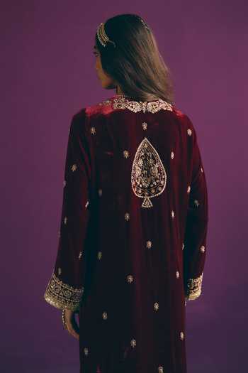 Shop_Mirasa_Maroon Silk, Velvet Round Neck Zehna Pure Straight Kurta And Pant Set _at_Aza_Fashions