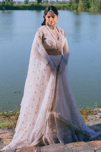 Buy_Mirasa_Silver , Organza, Tissue, Samaah Banarasi Embroidered Lehenga Set _at_Aza_Fashions