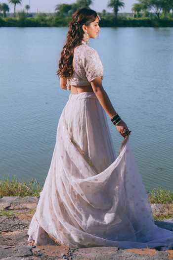 Shop_Mirasa_Silver , Organza, Tissue, Samaah Banarasi Embroidered Lehenga Set _at_Aza_Fashions