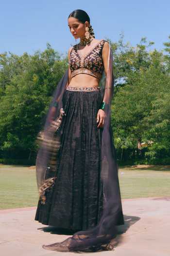 Buy_Mirasa_Black Silk, Chanderi, Tissue V-neck Rehana Embroidered Lehenga Set _at_Aza_Fashions