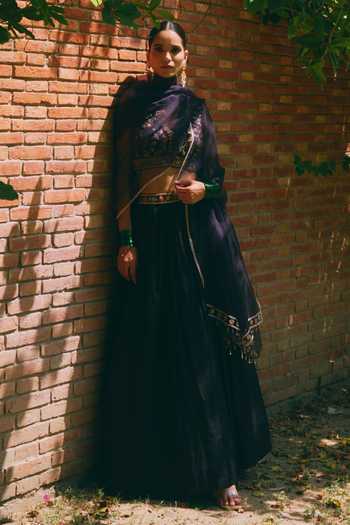 Shop_Mirasa_Black Silk, Chanderi, Tissue V-neck Rehana Embroidered Lehenga Set _at_Aza_Fashions