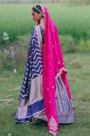 Shop_Mirasa_Blue V-neck Arohi Floral Woven Lehenga Set _at_Aza_Fashions