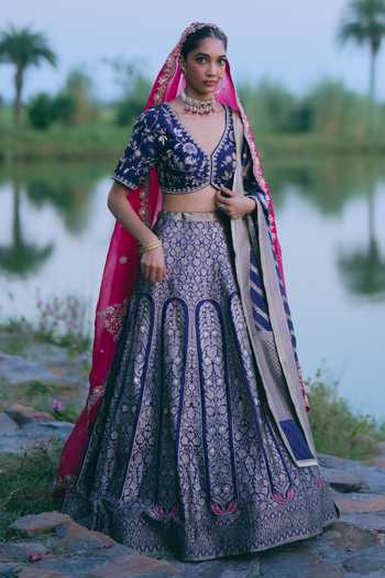 Buy_Mirasa_Blue V-neck Arohi Floral Woven Lehenga Set _at_Aza_Fashions