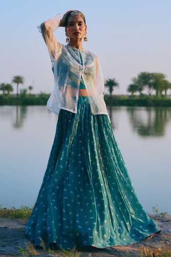 Shop_Mirasa_Green Silk, Organza, Chanderi Round Neck Saira Lehenga Set _at_Aza_Fashions
