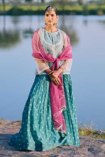Buy_Mirasa_Green Silk, Organza, Chanderi Round Neck Saira Lehenga Set _at_Aza_Fashions