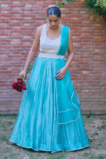 Shop_Mirasa_Blue Tissue Scoop Neck Manira Pure Banarasi Lehenga Set _at_Aza_Fashions