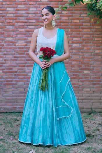 Buy_Mirasa_Blue Tissue Scoop Neck Manira Pure Banarasi Lehenga Set _at_Aza_Fashions