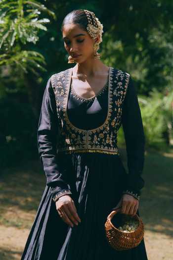 Shop_Mirasa_Black Silk, Chanderi, Lycra Scoop Neck, Open Meher Pure Anarkali And Jacket Set _at_Aza_Fashions