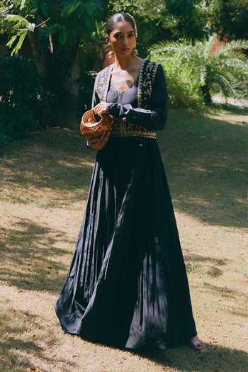 Buy_Mirasa_Black Silk, Chanderi, Lycra Scoop Neck, Open Meher Pure Anarkali And Jacket Set _at_Aza_Fashions