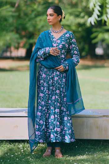 Shop_Mirasa_Green Silk, , Silk, Net V-neck Riva Printed Anarkali Set _at_Aza_Fashions