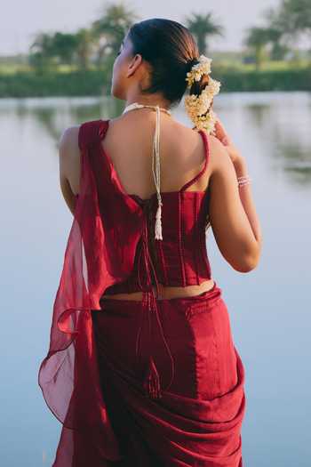 Shop_Mirasa_Maroon Silk, Crepe Embroidery Azriza Pre-draped Saree With Corset _at_Aza_Fashions