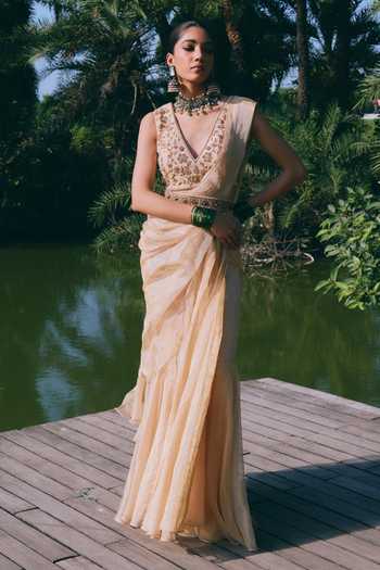 Shop_Mirasa_Gold Silk, Tissue V-neck Zariya Pre-stitched Saree With Embroidered Blouse _at_Aza_Fashions