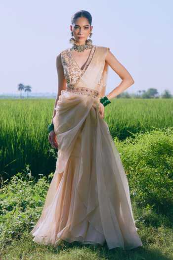 Buy_Mirasa_Gold Silk, Tissue V-neck Zariya Pre-stitched Saree With Embroidered Blouse _at_Aza_Fashions