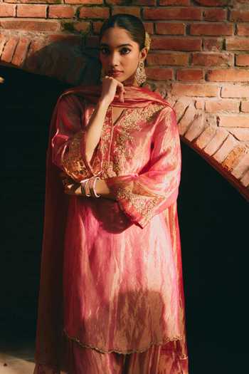 Shop_Mirasa_Pink Silk, Tissue Split V-neck, Yes Mahira Embroidered Kurta Set _at_Aza_Fashions