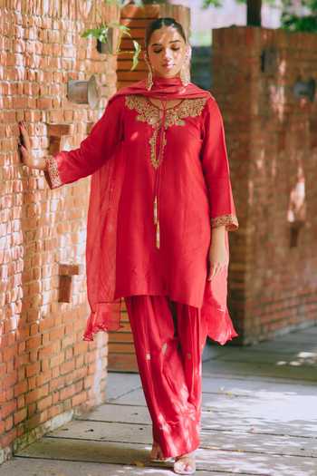 Shop_Mirasa_Red Silk, Chanderi, Tissue Yes Avira Pure Kurta Set _at_Aza_Fashions