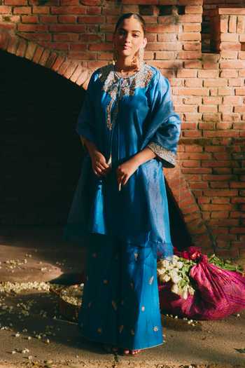 Buy_Mirasa_Blue Silk, Chanderi, Tissue Keyhole Neck, Yes Avira Pure Kurta Set _at_Aza_Fashions