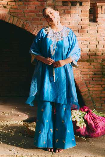 Shop_Mirasa_Blue Silk, Chanderi, Tissue Keyhole Neck, Yes Avira Pure Kurta Set _at_Aza_Fashions