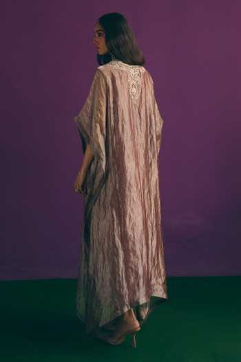 Shop_Mirasa_Brown Silk, Tissue, Muslin V-neck Ilina Pure Banarasi Kaftan And Pant Set _at_Aza_Fashions