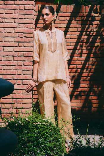 Shop_Mirasa_Gold Tissue Mandarin Collar, Yes Iraaya Embroidered Kurta And Pant Set _at_Aza_Fashions