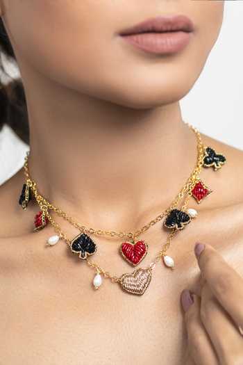 Shop_KARAARI_Black Suits Of Cards Charms Chain Necklace _at_Aza_Fashions