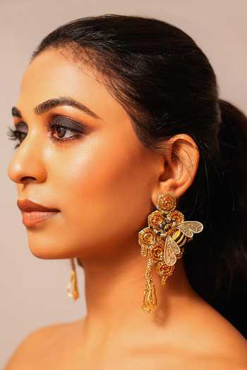 Shop_KARAARI_Black Honeybee Embroidered Earrings _at_Aza_Fashions