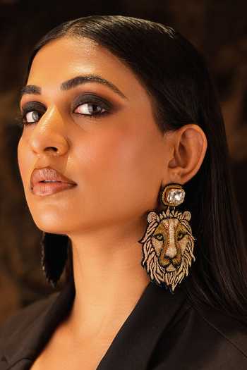 Buy_KARAARI_Black Lion Hand Embroidered Earrings _at_Aza_Fashions