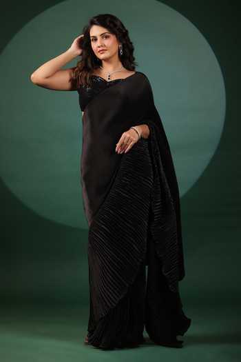 Buy_B'Infinite_Black Lycra Sequins Sweetheart Neck Pre-draped Ruffled Saree Set _at_Aza_Fashions