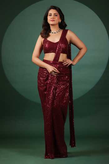 Buy_B'Infinite_Red Lycra Sequins Sweetheart Neck Pre Draped Saree Set _at_Aza_Fashions