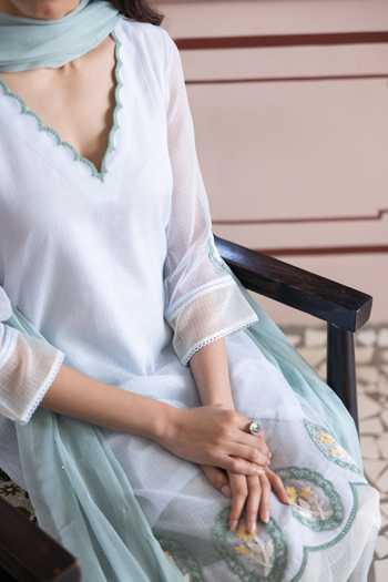 Label Nimbus_Blue Cotton, Silk, Chiffon V-neck, Yes Ice Melt Embroidered Kurta Set _Online_at_Aza_Fashions