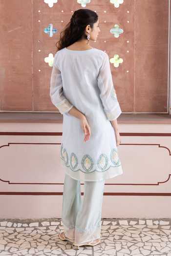 Shop_Label Nimbus_Blue Cotton, Silk, Chiffon V-neck, Yes Ice Melt Embroidered Kurta Set _at_Aza_Fashions