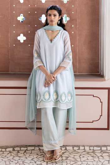Buy_Label Nimbus_Blue Cotton, Silk, Chiffon V-neck, Yes Ice Melt Embroidered Kurta Set _at_Aza_Fashions