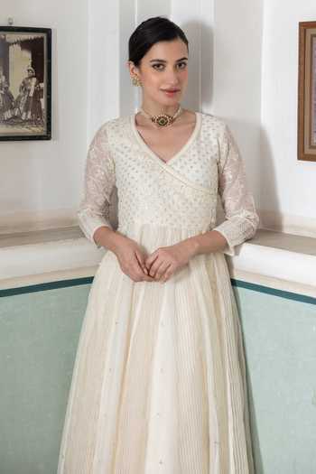 Buy_Label Nimbus_Ivory Organza, Chanderi, Silk, Cotton V-neck Embroidered Yoke Angrakha Set _Online_at_Aza_Fashions