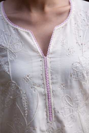 Label Nimbus_Ivory Chanderi Split V-neck, Yes Lucknowi Embroidered Kurta With Skirt _Online_at_Aza_Fashions