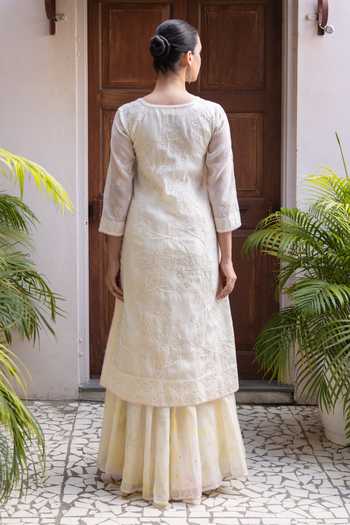 Shop_Label Nimbus_Ivory Chanderi Split V-neck, Yes Lucknowi Embroidered Kurta With Skirt _at_Aza_Fashions