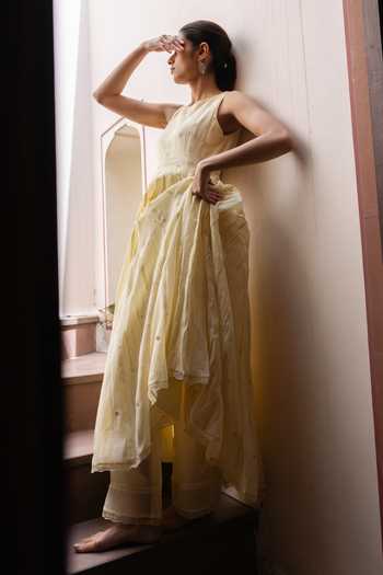 Shop_Label Nimbus_Yellow Cotton, Chanderi, Silk, Chiffon High Lemon Icy Embroidered Anarkali Set _Online_at_Aza_Fashions