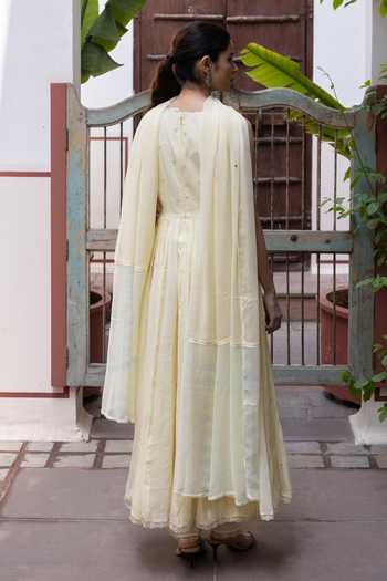 Shop_Label Nimbus_Yellow Cotton, Chanderi, Silk, Chiffon High Lemon Icy Embroidered Anarkali Set _at_Aza_Fashions