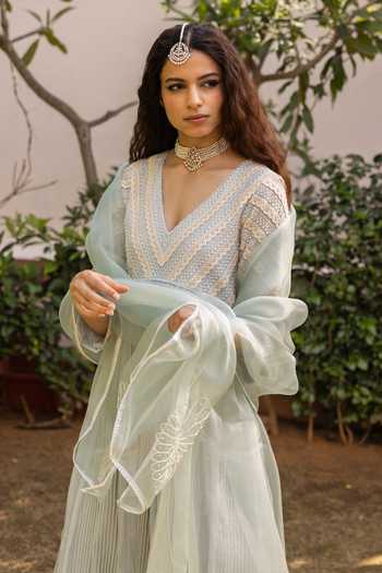 Label Nimbus_Blue Organza, Chanderi, Silk, Cotton Ice Melt Embroidered Yoke Anarkali Set _at_Aza_Fashions