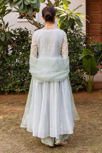 Shop_Label Nimbus_Blue Organza, Chanderi, Silk, Cotton Ice Melt Embroidered Yoke Anarkali Set _at_Aza_Fashions
