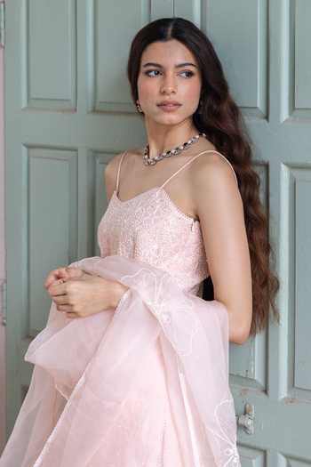 Buy_Label Nimbus_Peach Chanderi, Organza Sweetheart Neck Cotton Candy Spaghetti Kurta Sharara Set _Online_at_Aza_Fashions