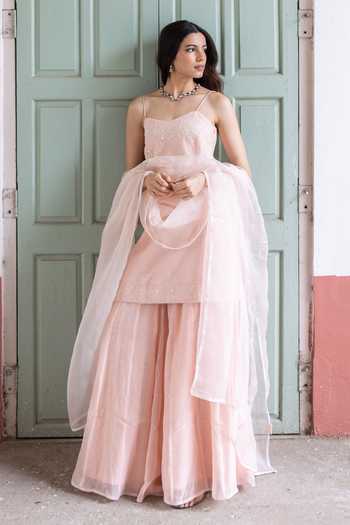 Shop_Label Nimbus_Peach Chanderi, Organza Sweetheart Neck Cotton Candy Spaghetti Kurta Sharara Set _Online_at_Aza_Fashions