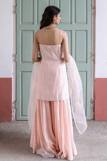 Shop_Label Nimbus_Peach Chanderi, Organza Sweetheart Neck Cotton Candy Spaghetti Kurta Sharara Set _at_Aza_Fashions