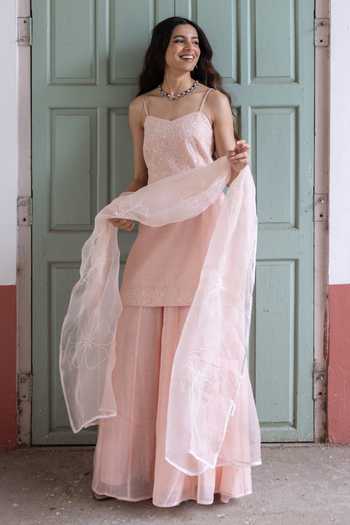 Label Nimbus_Peach Chanderi, Organza Sweetheart Neck Cotton Candy Spaghetti Kurta Sharara Set _at_Aza_Fashions