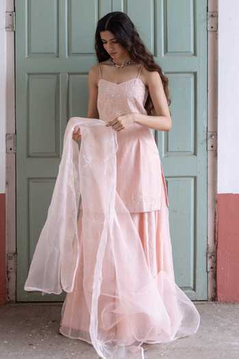 Buy_Label Nimbus_Peach Chanderi, Organza Sweetheart Neck Cotton Candy Spaghetti Kurta Sharara Set 
