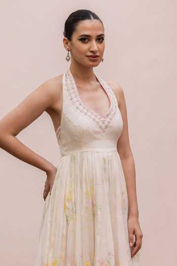 Label Nimbus_Ivory Cotton, Chanderi Halter Neck Hand Embroidered Maxi Dress _Online_at_Aza_Fashions