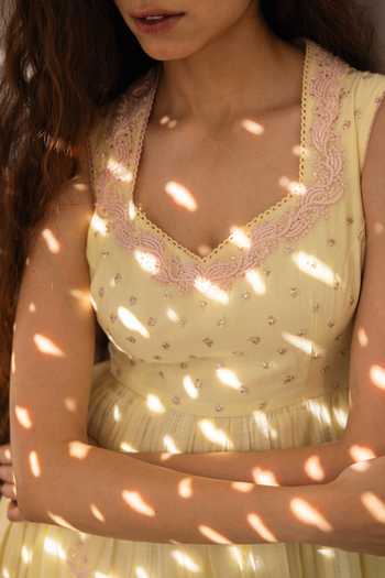 Label Nimbus_Yellow Cotton, Chanderi Halter Neck Lemon Icy Hand Embroidered Maxi Dress _Online_at_Aza_Fashions