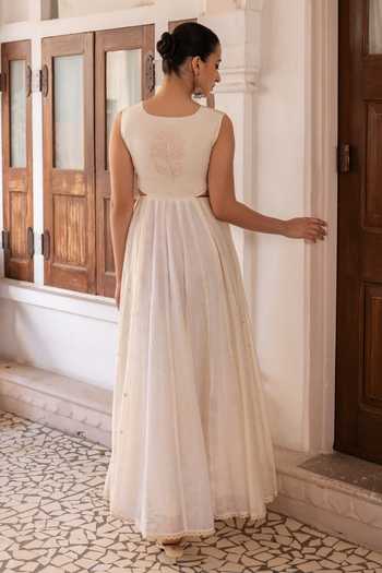 Shop_Label Nimbus_Ivory Cotton, Chanderi V-neck Tie Dye Waist-cut Maxi Dress _at_Aza_Fashions