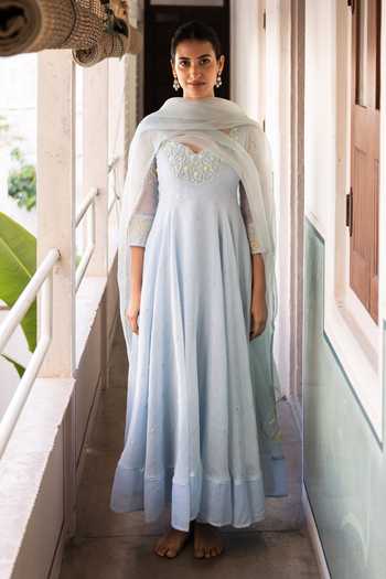 Buy_Label Nimbus_Blue Chanderi, Cotton, Lycra, Ice Melt Floral Hand Embroidered Anarkali Set _at_Aza_Fashions