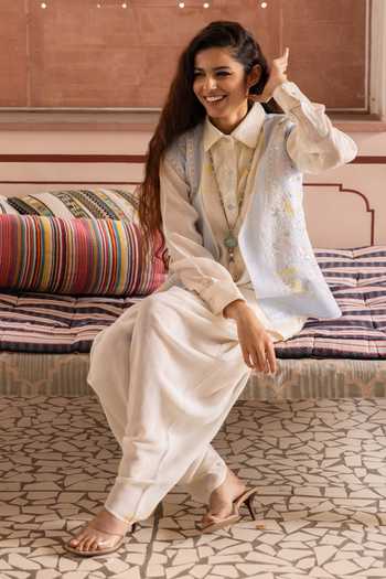 Shop_Label Nimbus_Blue Cotton, Kota Doria, Chanderi, Ice Melt Embroidered Jacket Dhoti Pant Set _Online_at_Aza_Fashions