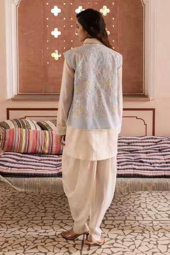Shop_Label Nimbus_Blue Cotton, Kota Doria, Chanderi, Ice Melt Embroidered Jacket Dhoti Pant Set _at_Aza_Fashions